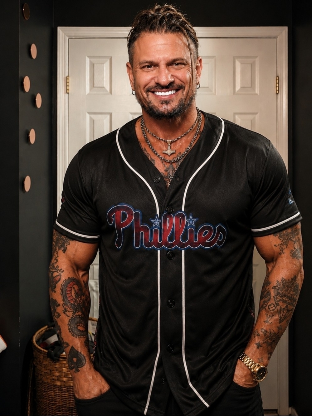 Men's Black Phillies Script Baseball Jersey Shirt